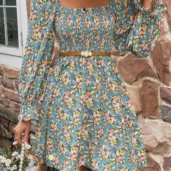 Retro Floral Print Long-sleeve Smocked Bodice Mini Dress Babydoll Mini Bohemian - Picture 10 of 14